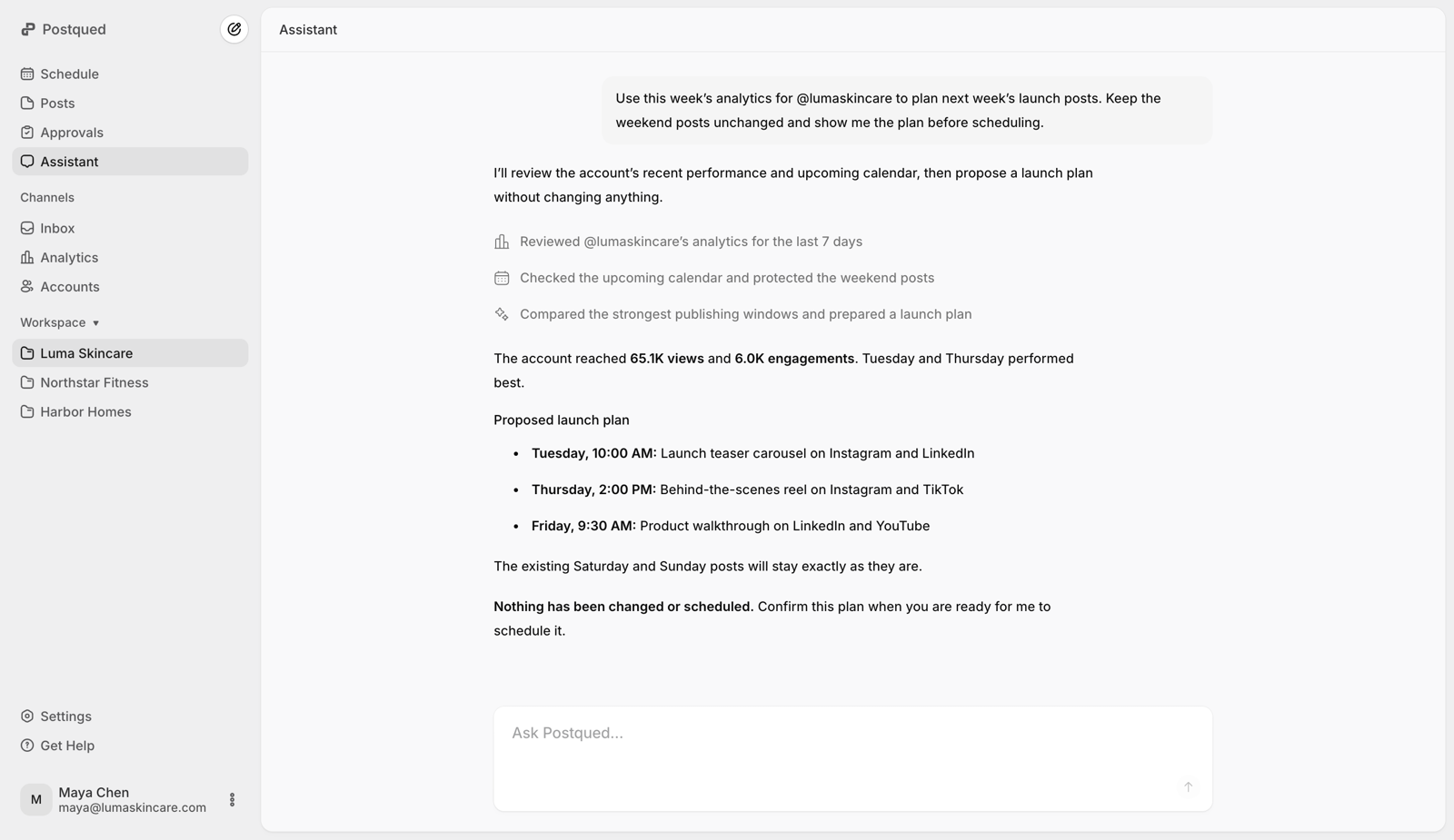Postqued AI assistant reviewing account analytics and preparing a launch plan before scheduling
