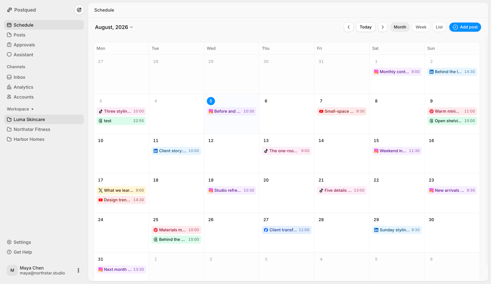 Postqued calendar with social posts scheduled across multiple platforms